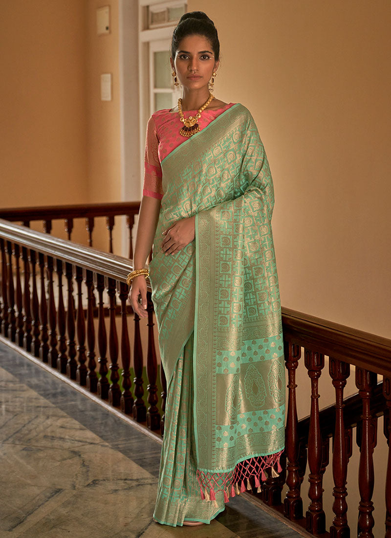 Teal And Peach Weaved Crape Silk Saree