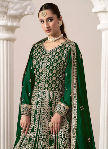 Dark Green Embroidery Georgette Anarkali Suit