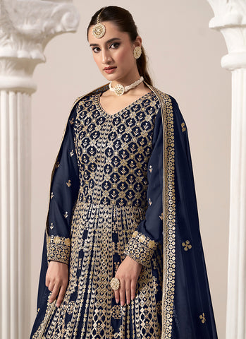 Dark Blue Embroidery Georgette Anarkali Suit