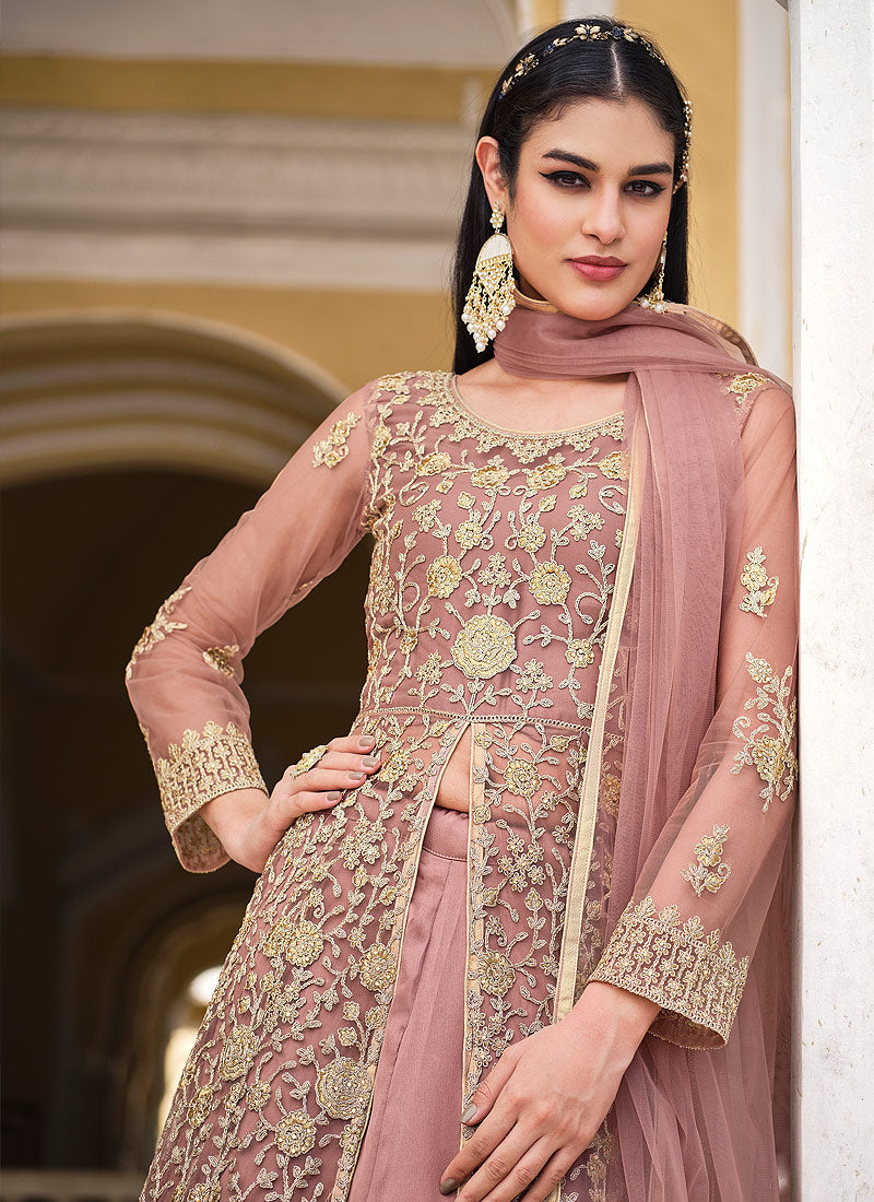 Embroidered net abaya on sale style suit in peach