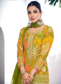 Indian Clothes - Green Golden Mirror Work Embroidery Gharara Suit