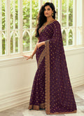 Purple Foil Mirror Embroidery Wedding Silk Saree