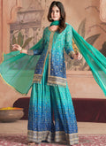 Teal Blue Ombré Embroidered Kurti And Palazzo