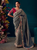 Grey And Red Multi Embroidered Traditional Silk Saree