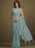 Teal Blue Sequence Embroidery Designer Saree