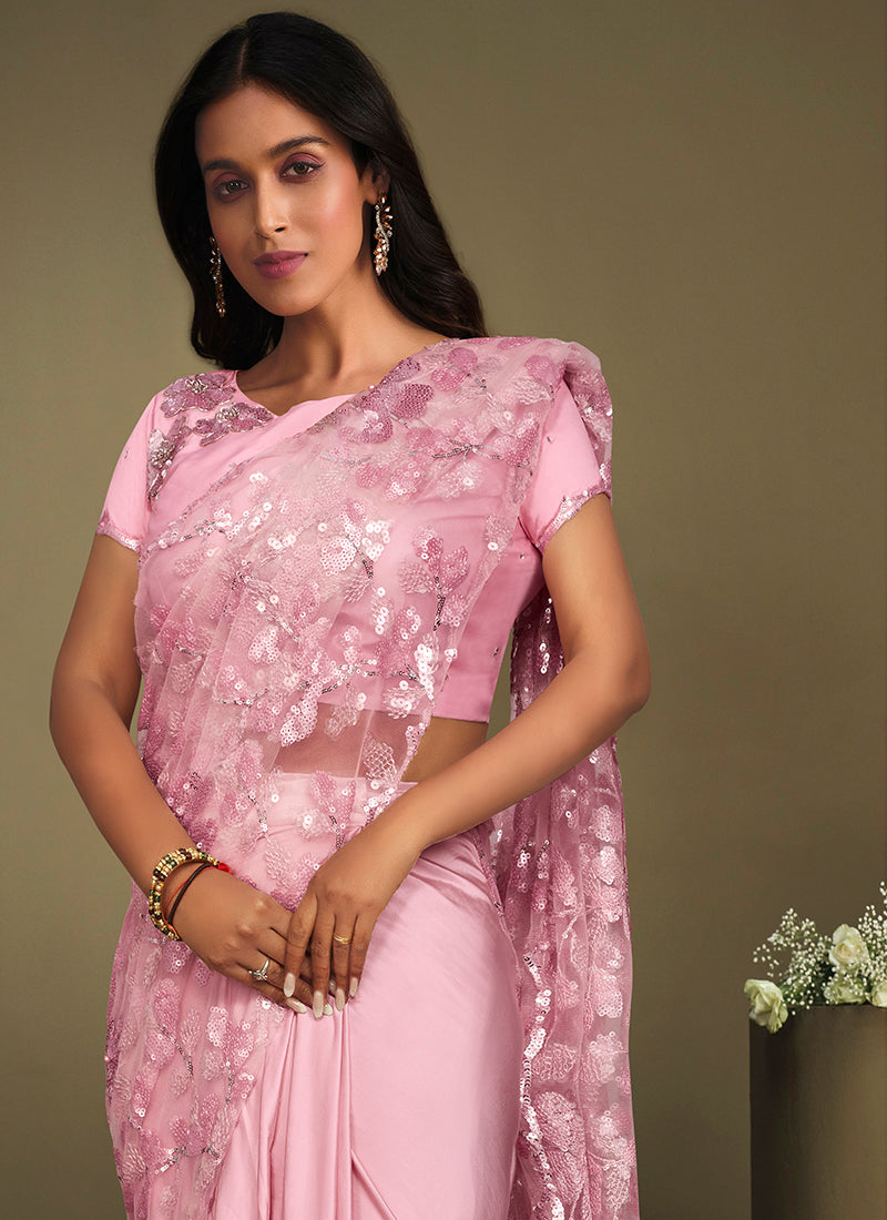 Pink Sequence Embroidery Designer Silk Saree