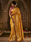 Yellow And Magenta Weaved Pure Dola Silk Saree