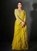 Lemon Yellow Georgette Saree with Bead and Sequence Detail