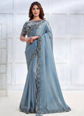 Blue Sequence Embroidery Wedding Silk Saree