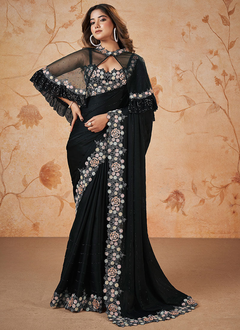 Black Multi Embroidery Wedding Saree With Cape