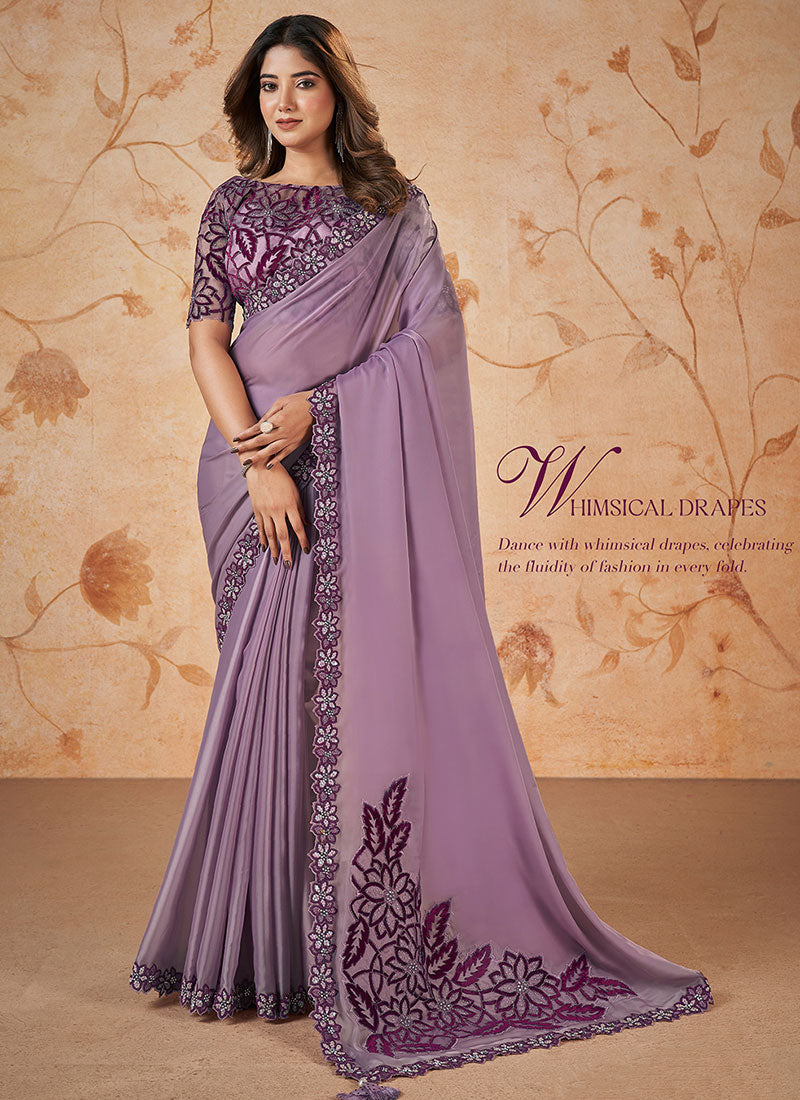 Lavender Sequence Embroidery Wedding Saree