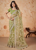 Lime Green Traditional Embroidered Party Wear Saree
