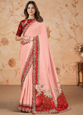 Peach And Red Embroidered Traditional Wedding Saree