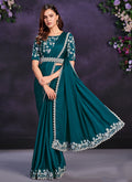 Turquoise Embroidered Ready To Wear Wedding Saree