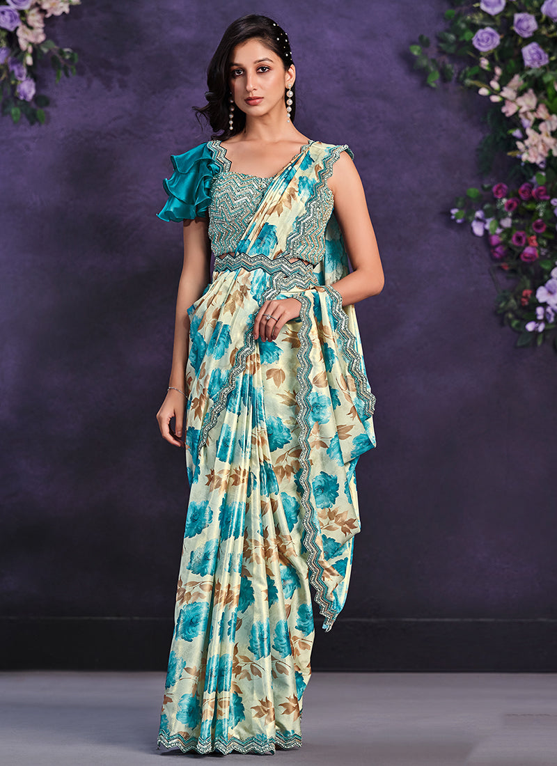 Blue Cream Embroidered Ready To Wear Wedding Saree