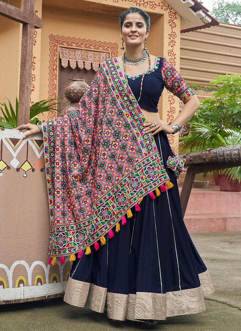 Dark Blue Multicoloured Kutchi Embroidered Chaniya Choli For Navratri