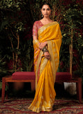 Yellow And Pink Floral Viscose Silk Saree