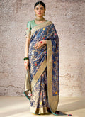 Dark Blue And Teal Floral Kora Banarasi Silk Saree