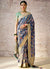 Dark Blue And Teal Floral Kora Banarasi Silk Saree