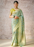 Sea Green And Yellow Floral Kora Banarasi Silk Saree