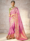 Pink And Lime Green Floral Kora Banarasi Silk Saree