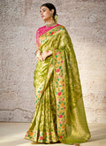 Green And Pink Floral Kora Banarasi Silk Saree