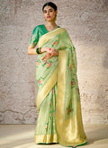 Lime Green Floral Kora Banarasi Silk Saree