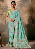 Teal And Green Floral Munga Silk Saree