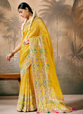 Pink And Yellow Floral Munga Silk Saree