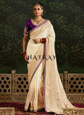 Ivory Beige And Purple Multi Embroidery Silk Saree