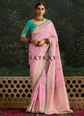 Pink And Teal Multi Embroidery Silk Saree