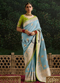 Mist Blue And Green Multi Embroidery Silk Saree