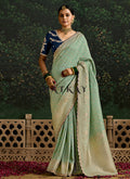 Sea Green And Blue Multi Embroidery Silk Saree