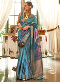 Sky Blue Golden Brocade Weaved Handloom Silk Saree