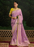 Lavender And Yellow Multi Embroidery Silk Saree