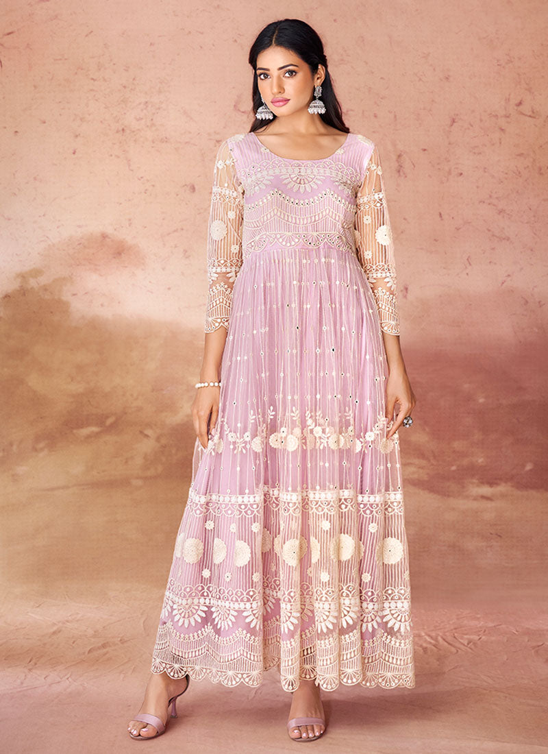 Blush Pink Thread Work Embroidery Festive Anarkali Gown