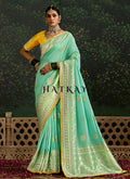 Sea Green And Yellow Multi Embroidery Silk Saree