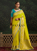 Yellow And Teal Multi Embroidery Silk Saree