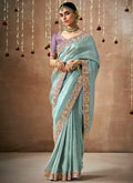 Pastel Blue And Purple Multi Embroidery Tissue Silk Saree