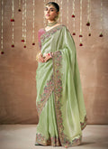 Green And Pink Multi Embroidery Tissue Silk Saree