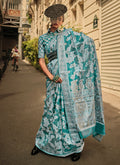 Turquoise Lucknowi Handloom Woven Organza Silk Saree