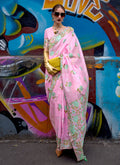 Pink Bloom Handloom Woven Floral Printed Silk Saree