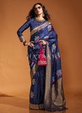 Dark Blue Floral Printed Silk Saree