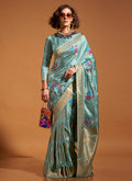 Sky Blue Floral Printed Silk Saree