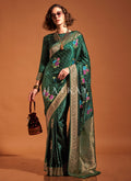 Dark Green Floral Printed Silk Saree