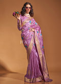 Lavender Floral Printed Silk Saree