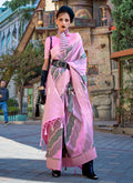 Pink Grey Printed Silk Saree