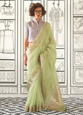 Green And Lavender Zari Brocade Handloom Silk Saree