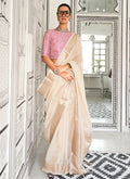 Ivory And Pink Zari Brocade Handloom Silk Saree