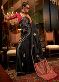 Black And Red Zari Woven Satin Silk Saree